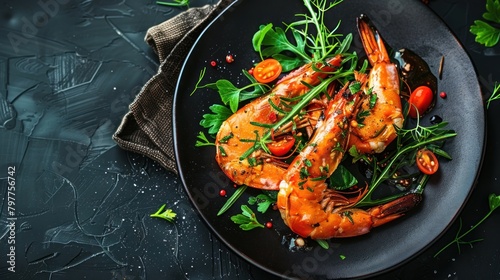 Top view seafood menu of shrimp fish gourmet on black plate. AI generated image