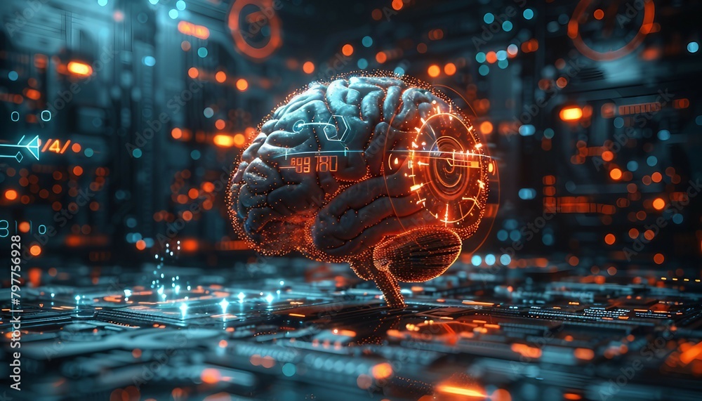 Digital Clock Infusion, a human brain integrated with digital clock components, Digital Clock Infusion, a human brain integrated with digital clock components,