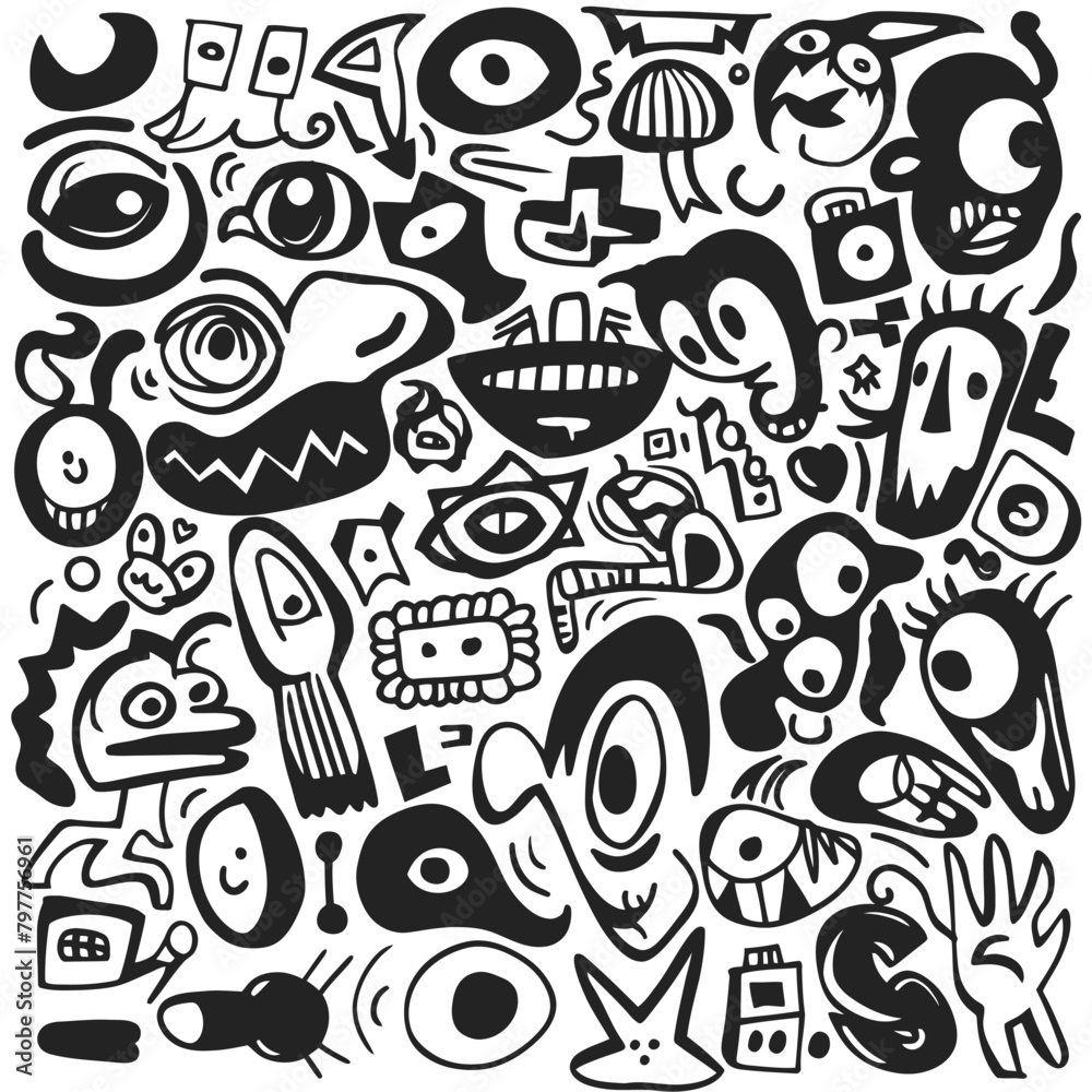Seamless pattern with hand drawn doodle monsters. Vector illustration.