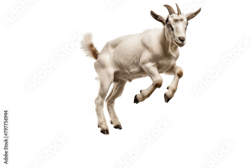 A goat gracefully jumps through the air against a blank white background