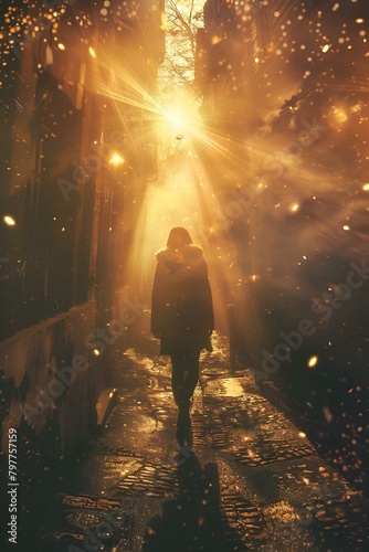 a lone figure traverses an enchanting, sun-kissed alley. © Wirestock