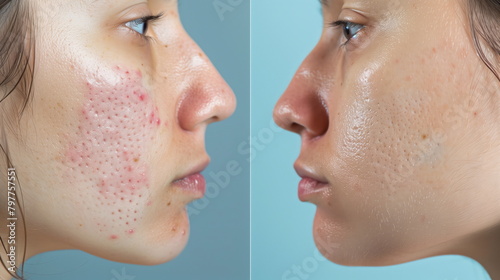 Side by side comparison of a woman cheek with acne scars before and after dermatological treatment, revealing smoother skin