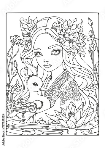 Coloring page for children and adults. Illustration for coloring with the image of an undine and a white swan in a pond. Art therapy. Hobby.
