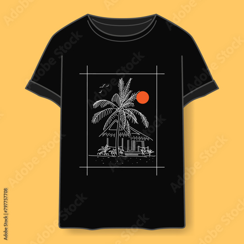 tropical house on the beach with palm trees, illustration in lines for printing on black shirt