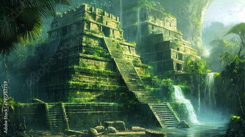 nderground city under lush jungle  connected by water channel. Ruins of an ancient civilization in tropics jungle