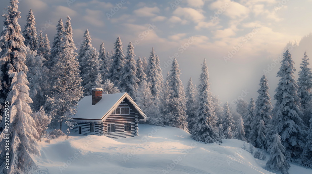 Winter Wonderland, Snow covered cabin nestled among tall pine trees in a serene forest