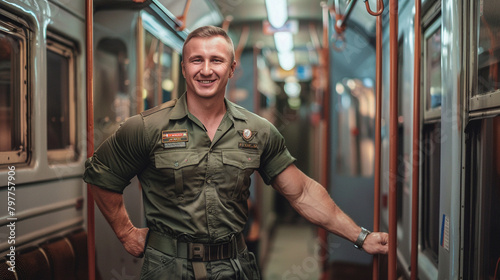 A brutal Russian man dressed in a khaki shirt stands in a train carriage with a charming smile, blur effect in the backgraund