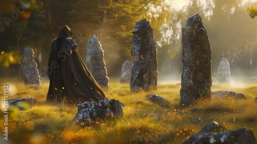 Druid Conjuring Nature Magic Amongst Ancient Standing Stones. Whispers of the Forest Spirits photo