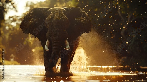 an elephant is in the middle of some water spraying off