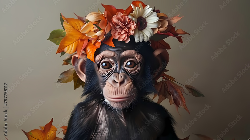 Monkey Portrait with Flower Crown - Playfully Funny, Card, generative Ai