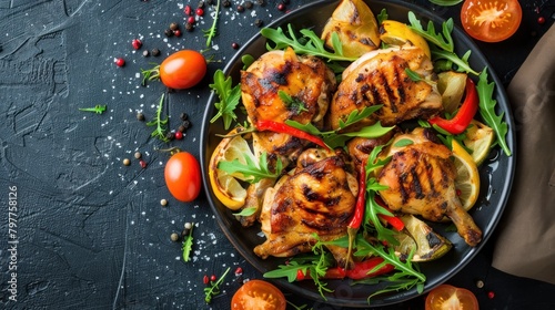 Top view tasty grilled chicken with many vegetables on plate dark background. AI generated image