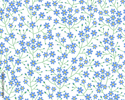 Spring seamless pattern. Cute delicate simple pattern with small flowers, branches and buds. Blue flowers on a white background. Summer pattern. Vector pattern for design and fashion prints. 
