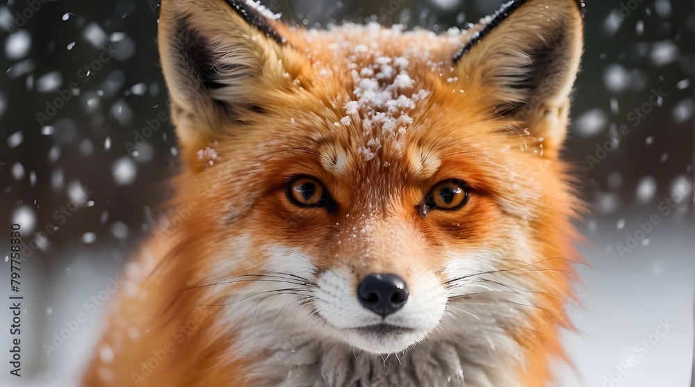 Obraz premium A magnificent red fox with shimmering snowflakes on its fur looks straight into the camera, its sharp eyes reflecting the snow falling.