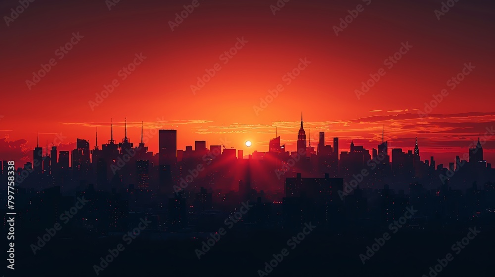 Silhouette of city skyline at sunset, backlighting, panoramic shot, deep oranges and blacks