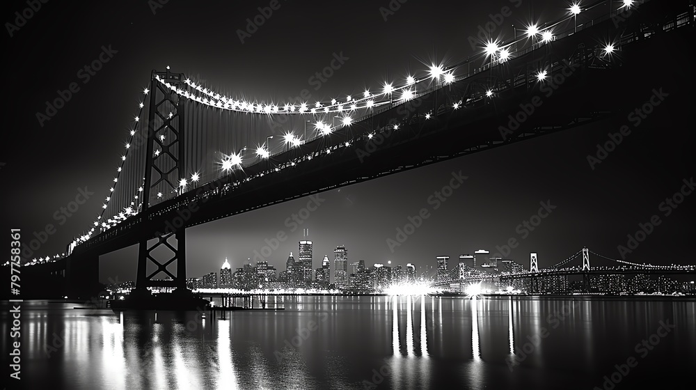 Fototapeta premium Bridge silhouette with city lights behind, night, eye-level shot, monochrome with light accents