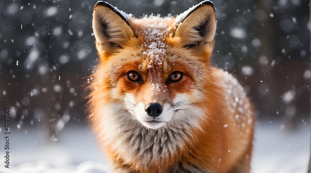 Obraz premium A magnificent red fox with shimmering snowflakes on its fur looks straight into the camera, its sharp eyes reflecting the snow falling.
