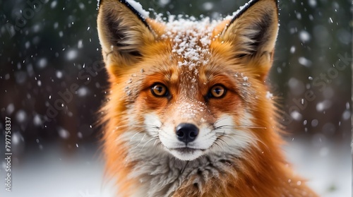 A magnificent red fox with shimmering snowflakes on its fur looks straight into the camera, its sharp eyes reflecting the snow falling. © Ali Khan