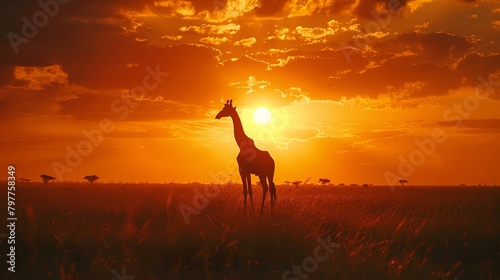 Animal silhouette on African savanna, sunset, wide angle, golden light and dark shadows