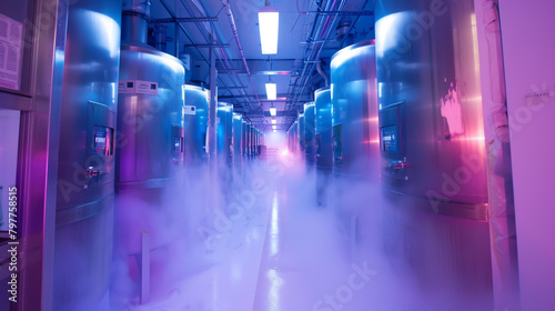 Within a cryogenics facility, scientists preserve biological samples at ultra-low temperatures,
