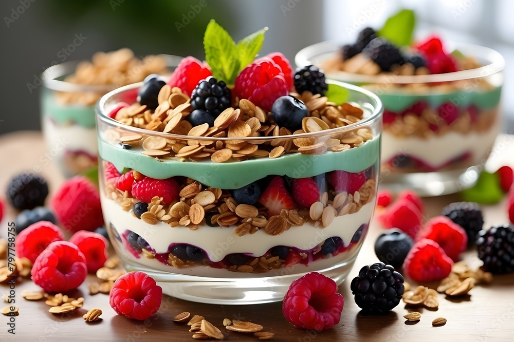 A rich fruit parfait topped with fresh mint leaves and composed of layers of vibrant berries, smooth yogurt, and crisp granola. The nutrient-dense components in this filling dessert are emphasized by 