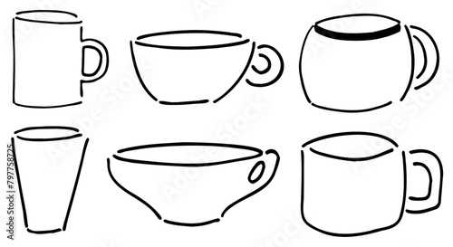 Collection Set Bundle of hand drawn abstract cups with handle for coffee or tea, drink or beverage symbols, vector doodles illustrations poster design elements