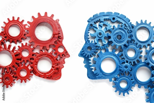 A blue and red gear head, with gears in the shape of faces connecting to each other. photo