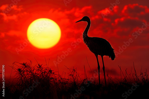 a bird stands in the sun setting in the field of tall grass