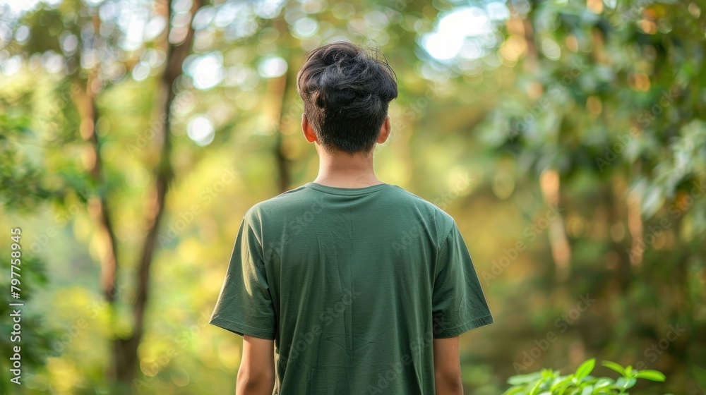 Closeup a man wearing green t-shirt on nature forest blur background. Generated AI image