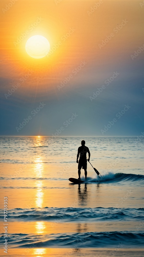 a person riding a surfboard in the ocean with a sunset behind them