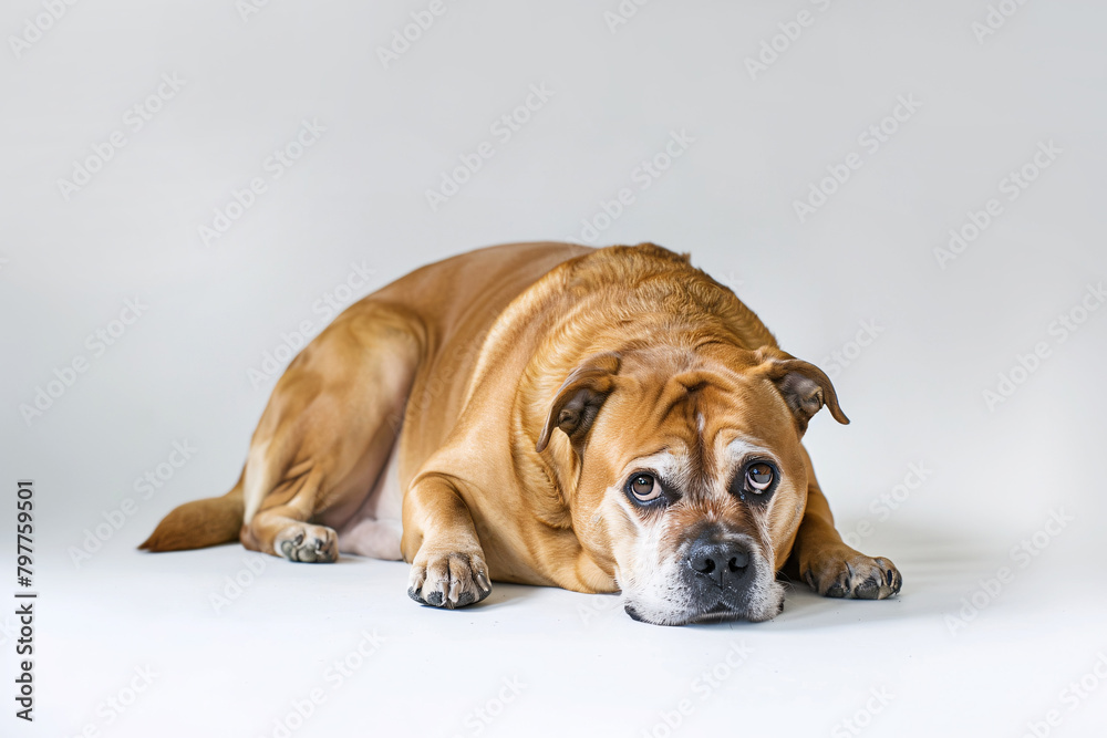 Very obese fat dog lying down in front of white background