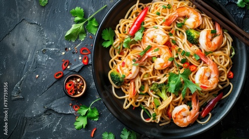 Top view rice noodles with shrimp and vegetables, Asian food in dark plate on the table. AI generate