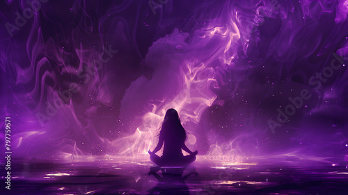 Woman sitting in a lotus position surrounded by purple flame. Back view. Copy space for text. Cleansing meditation concept.  photo