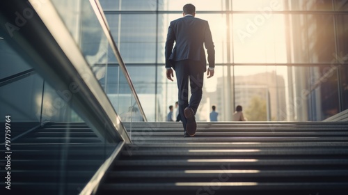 young businessman walking up the stairs in front of a modern office building. back view © inthasone