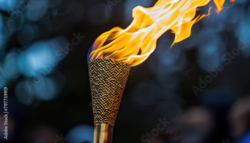 olympic torch with dynamic flame against blurred bokeh lights