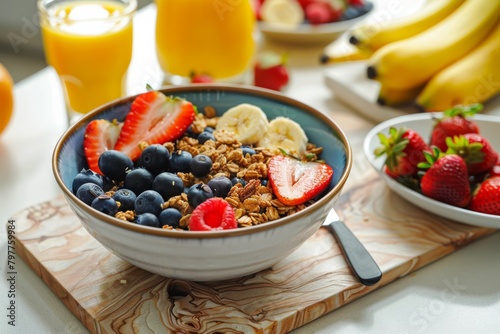 Healthy cereal fruit bowl breakfast served with refreshing orange juice, ideal for starting the day with nutritious and delicious flavors photo