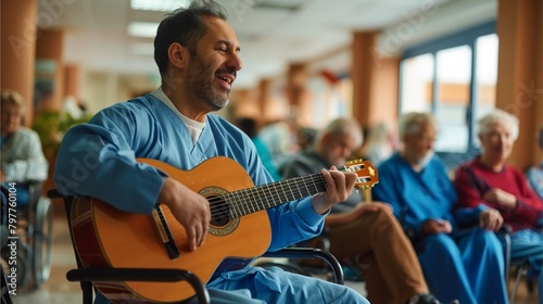 A male nurse or docter was sitting in the middle of the room playing a guitar. Several elderly patients sat around and listened, relaxed and happy. photo