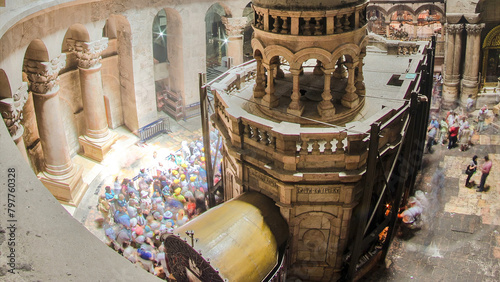 The Holy Sepulchre Church inside from top in Jerusalem timelapse. photo