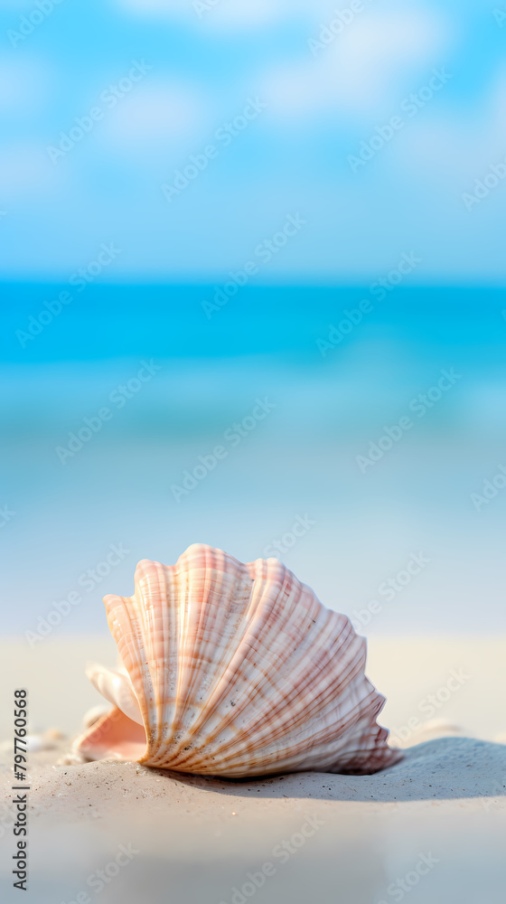 Close-up of beautiful seashells on the beach, blue sky and ocean background Close-up of beautiful seashells on the beach, blue sky and ocean background