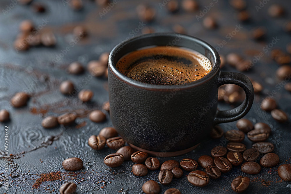 Fotografie Coffee cup resting on a chalkboard surrounded by coffee beans, AI-generated