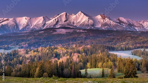 Piękna panorama Tatr Bielskich widziana z Łapszanki w wiosenny poranek (ID: 797760930)