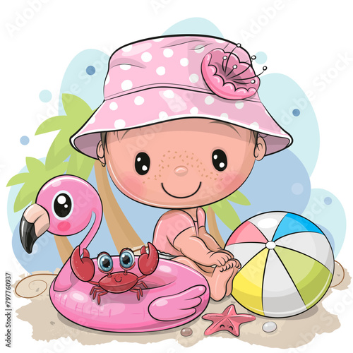 Cartoon Little Girl and crab on the beach © reginast777