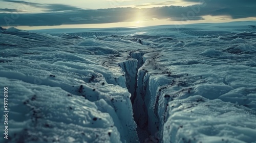 A vast icy landscape with a deep crevasse cutting through the glacier under a dramatic, cloudy sky. photo