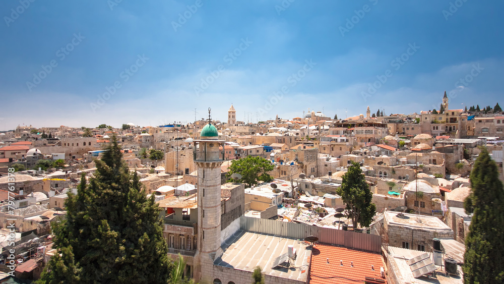 Skyline of the Old City in Jerusalem with historic buildings aerial timelapse hyperlapse, Israel.
