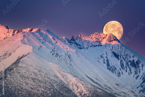 Ogromny księżyc w pełni zachodzi za Tatrami o poranku (ID: 797761547)