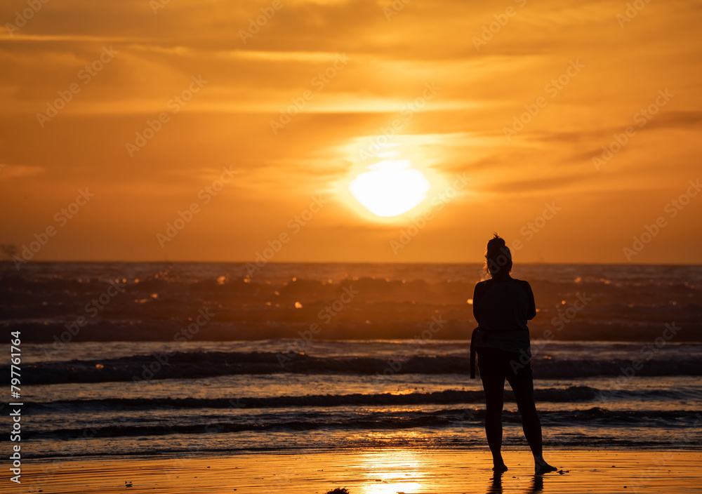 Silhouette of a woman standing on a beach at sunset