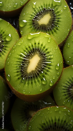 fresh kiwi fruit adorned with glistening raindrops of water background poster 
