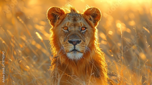 African Lion  Young Male. Botswana Wildlife. Lion  Close-Up Detail Portrait In Golden Grass - Generative AI