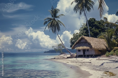 Coastal scene with palm trees and beachfront houses by the ocean  AI-generated.