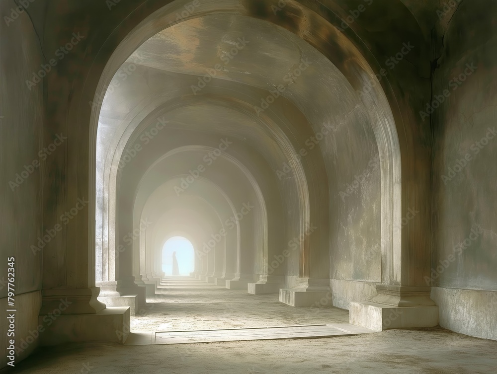 AI generated illustration of a spacious archway entrance to an ancient building tunnel