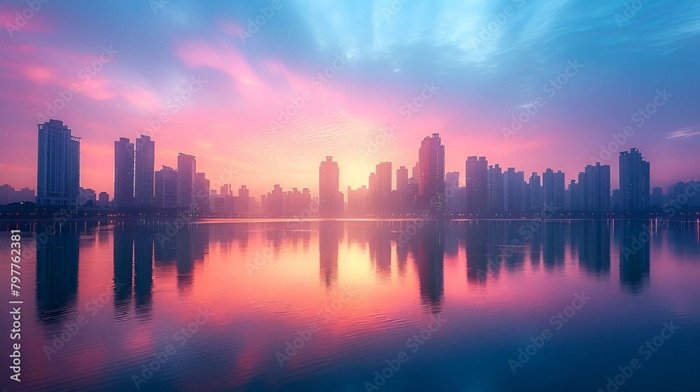 AI generated illustration of an urban skyline at sunset reflected in misty lake